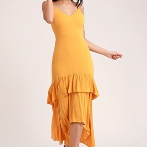 Lulus Mustard Yellow Sleeveless Tiered Midi Dress